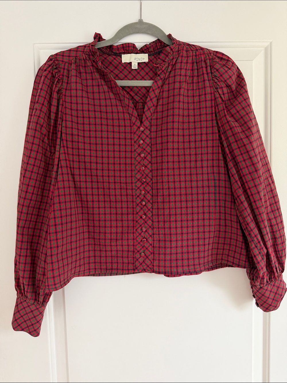 PINCH Red, Navy, and Green Plaid Button-up Blouse (size S)